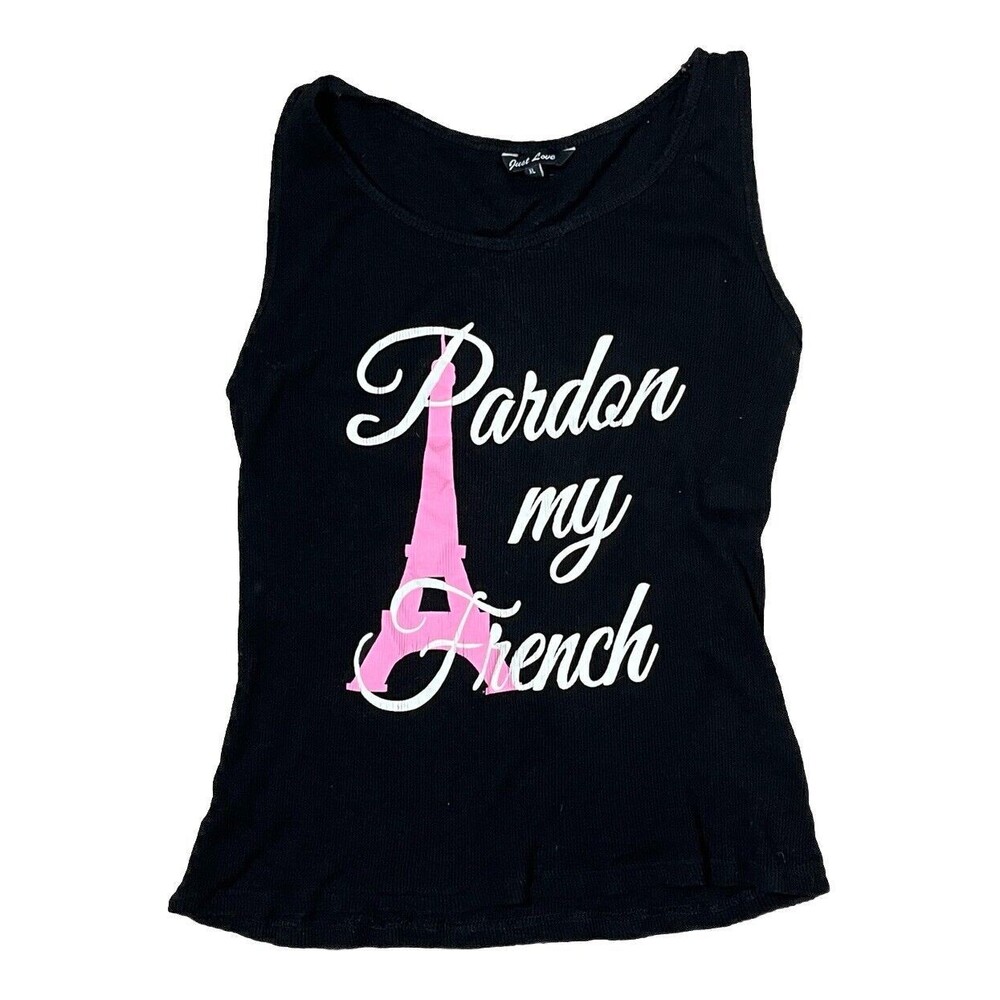 Just Love Tank Top Eiffel Tower PARDON MY FRENCH Black Pink 100% Cotton XL Vacay